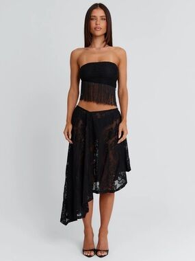 Asymmetrical Black Lace Midi Skirt - Women